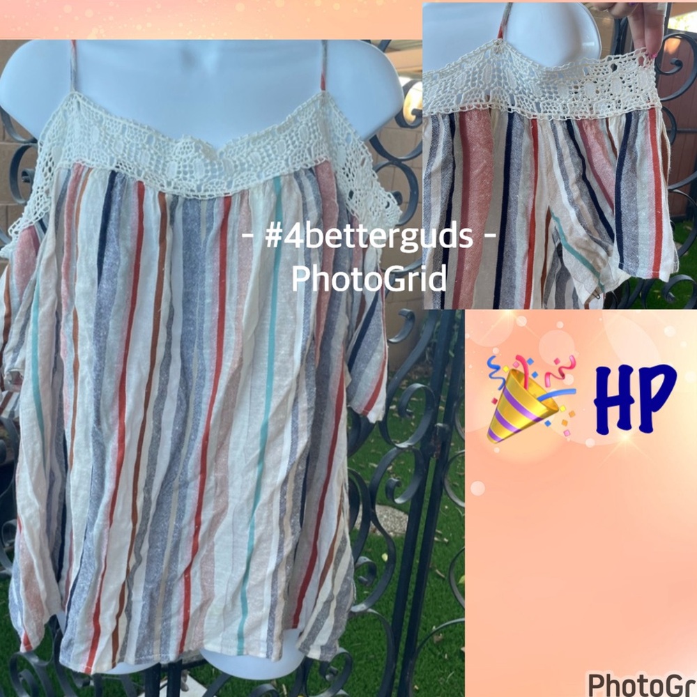 LC Lauren Conrad Colorful Stripes White Lace Trim Off the Shoulder Top XXL